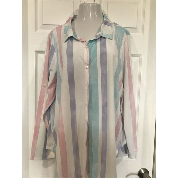 LulaRoe Plus Size 3XL Pastel Stripe Long Sleeve Button Front Collared Shirt - Picture 2 of 8